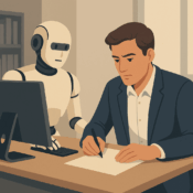 Illustration of a humanoid robot and a businessman working together at a desk, with the robot using a computer while the human writes on paper, representing AI-human collaboration in the workplace